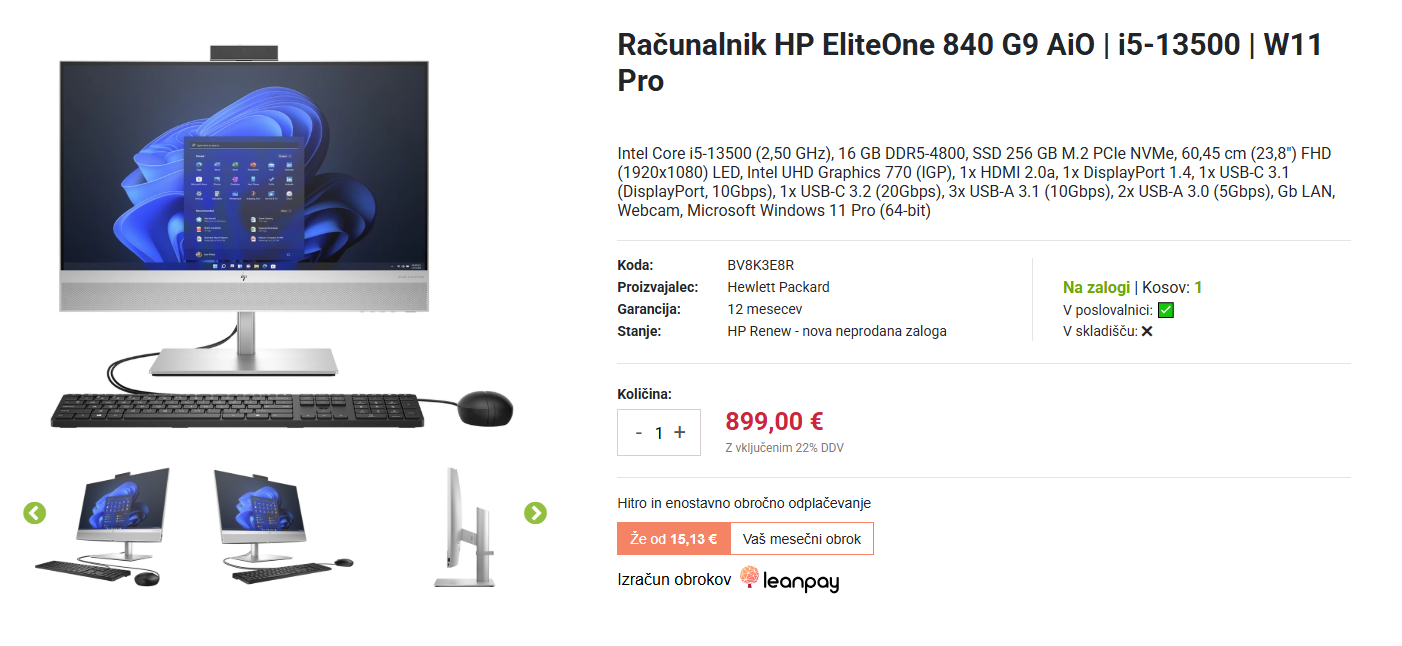 Screenshot All in One računalnika eliteone z linkom do izdelka